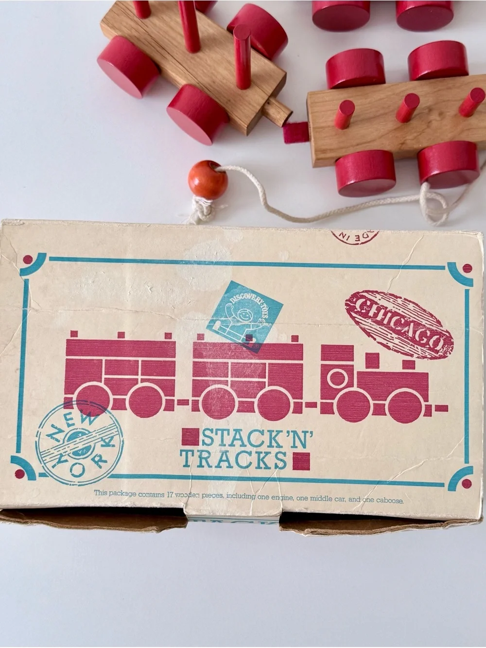 Vintage 1988 Discovery Toys Stack 'N' Tracks Wooden Train 15/17 Pcs w/ Box